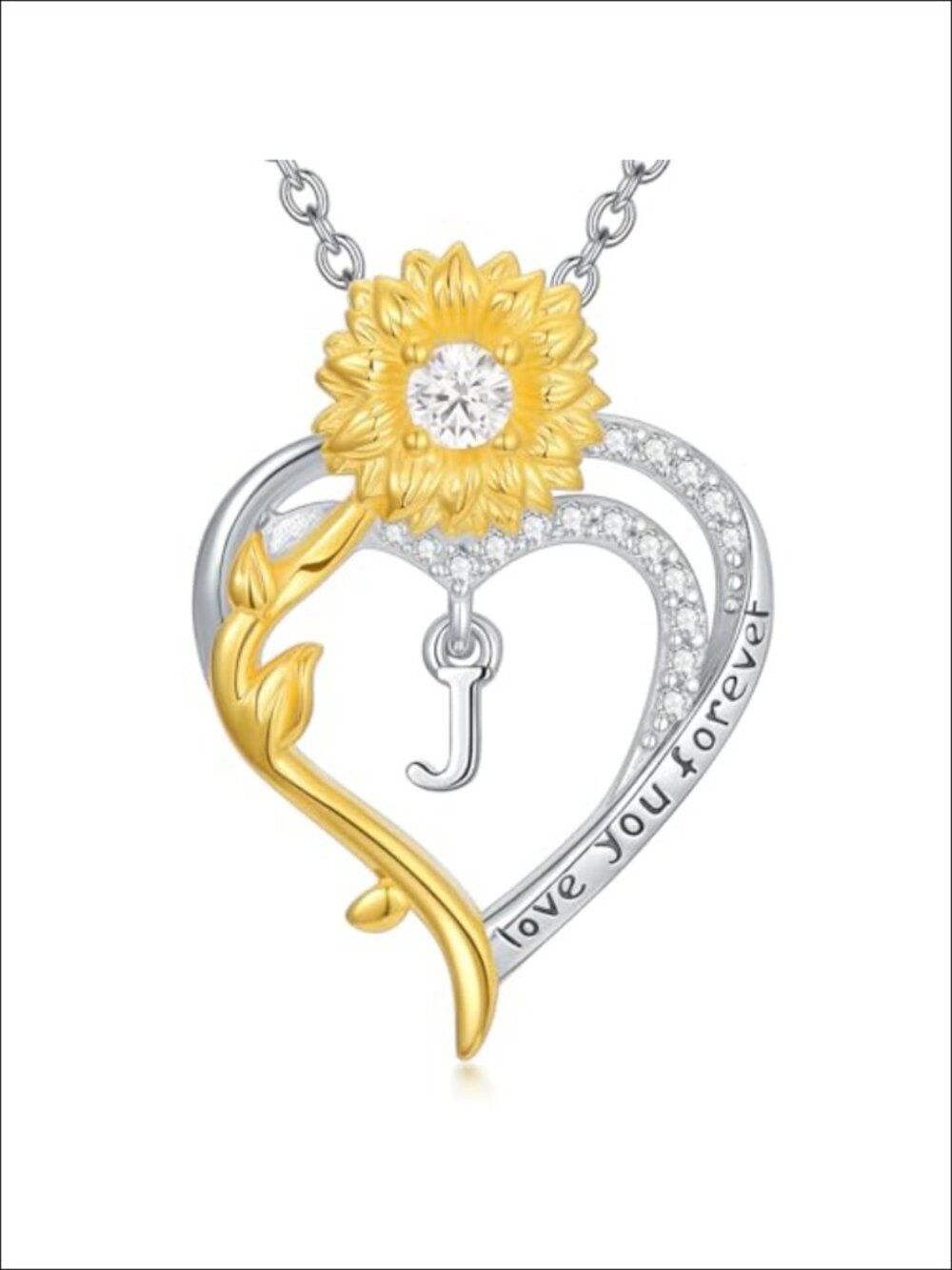 Sterling Silver Sunflower Heart Initial Necklace Letter J Pendant Jewelry Gift
